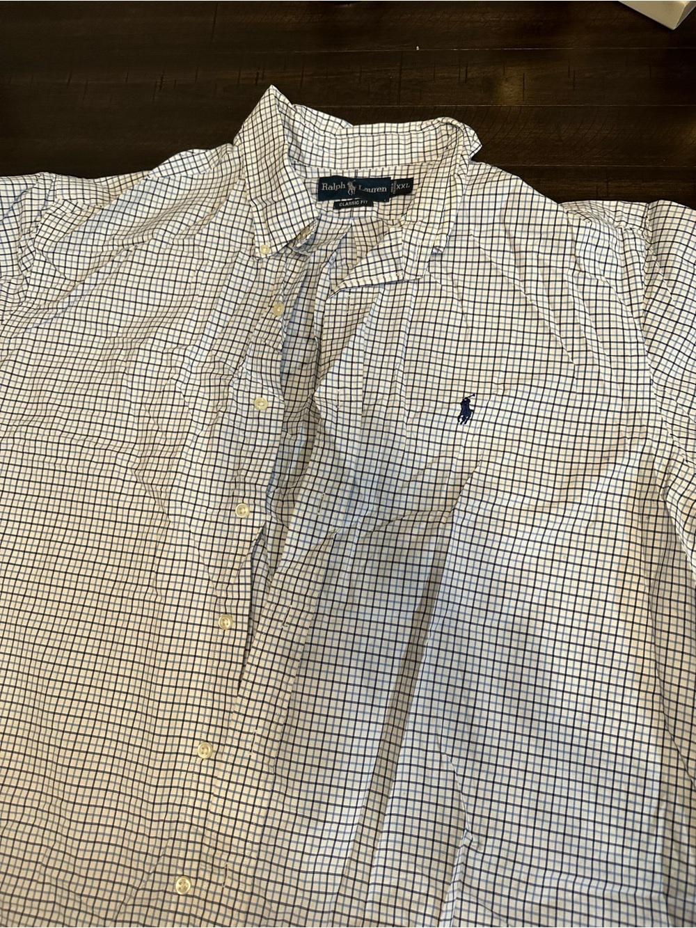 Ralph Lauren White Button-Down Shirt with Navy Grid and Polo Logo